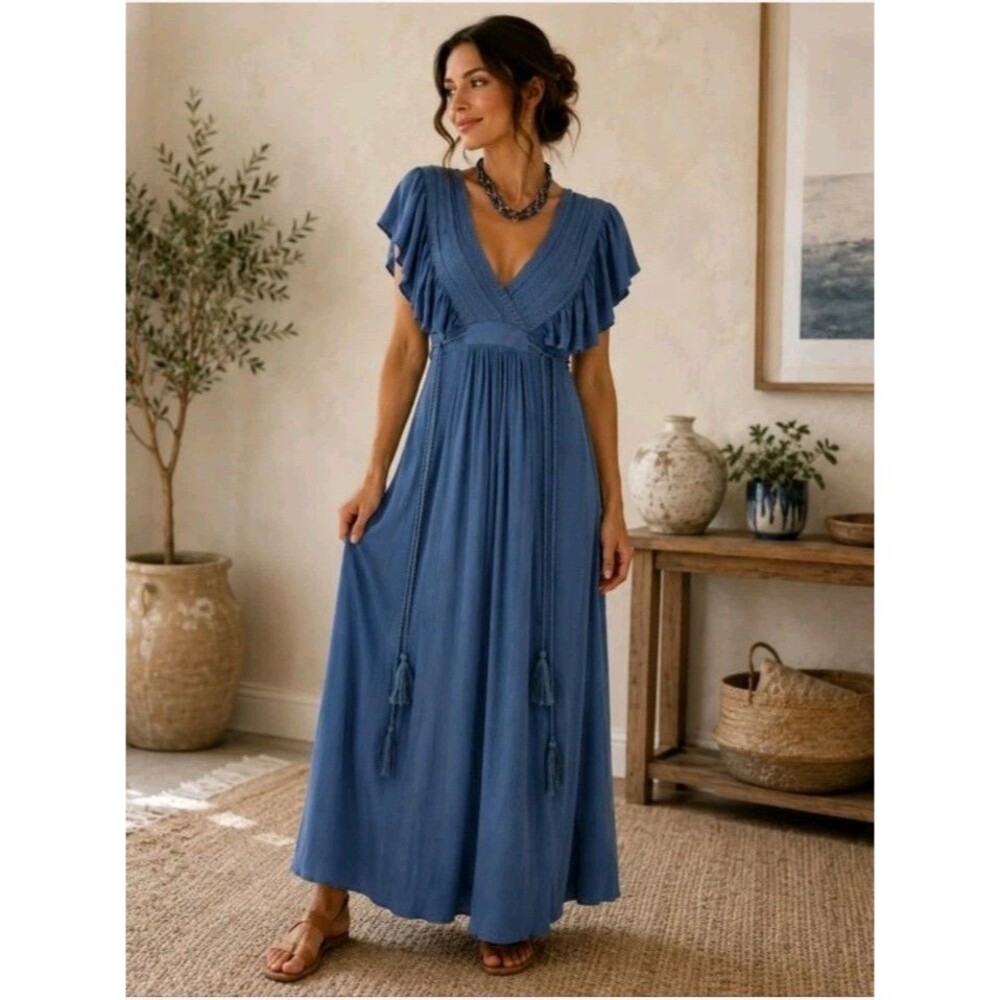 Baltic Born Size Medium Blue Maxi Dress Flutter Sleeve Ruffle V Neck Boho Tassel
